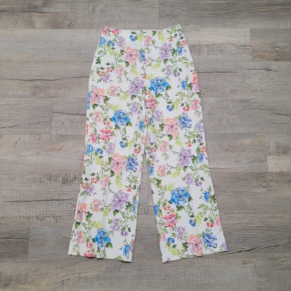 Alice + Olivia Lorinda Cropped Floral Gardenia Wide Leg Crepe Pants Size 2 - Picture 2 of 11